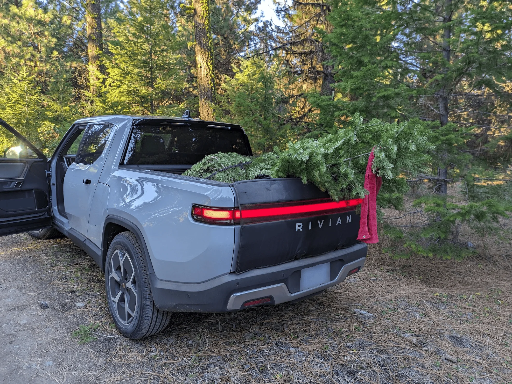 Rivian R1T R1S The Bike Tailgate Pad makes a perfect Christmas Tree transporter - Our day trip in the mountains 1701050265831