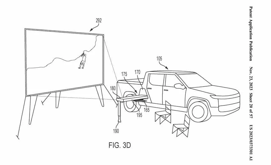 Rivian R1T R1S Rivian patents a R1T mobile movie projector kit (w/ projector, screen, speaker) Rivian-R1T-projector-1