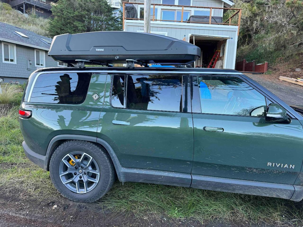 Rivian R1T R1S Thule Force XT XXL Rooftop Cargo Box installed on R1S rack