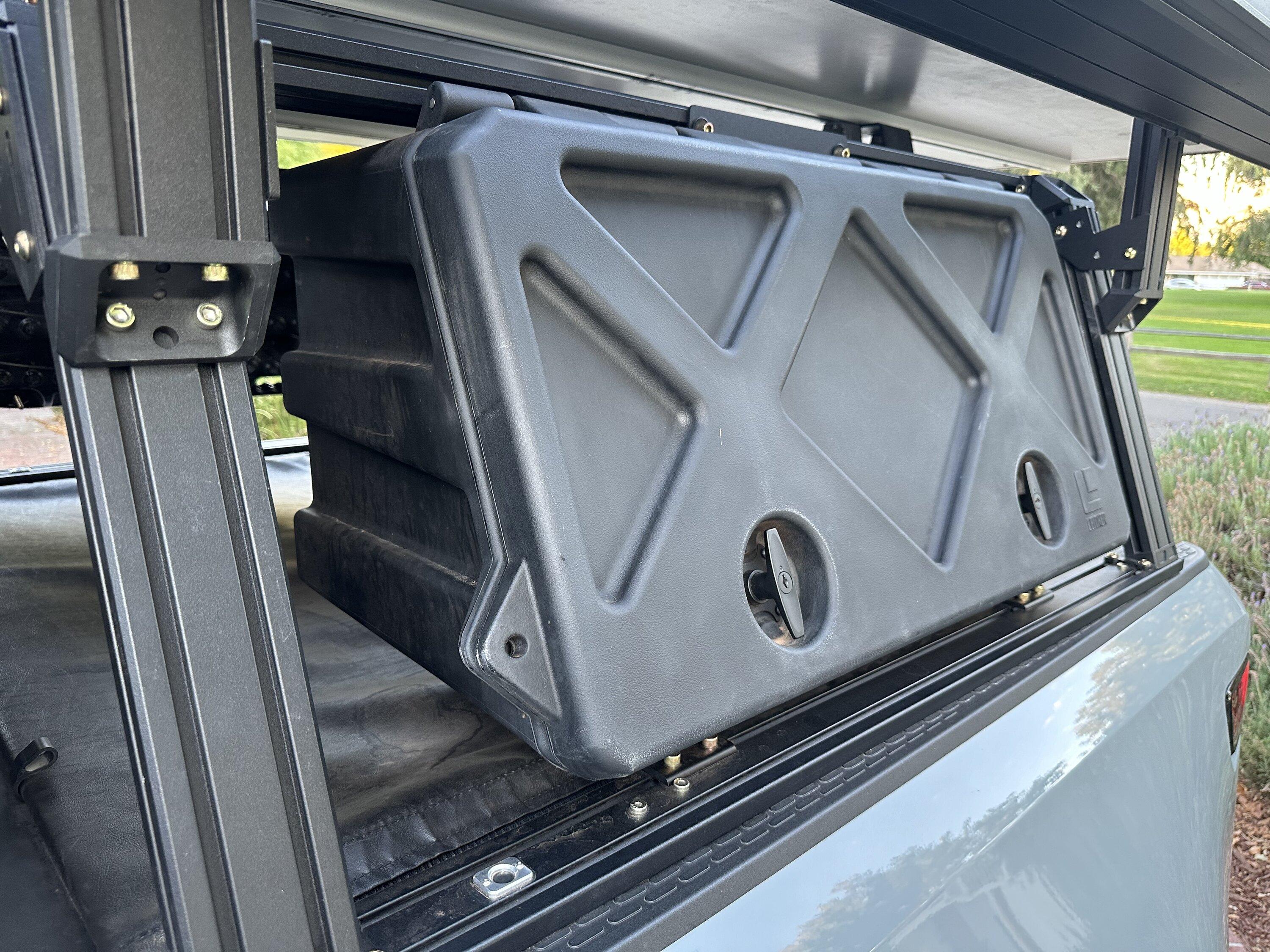 Rivian R1T R1S The Mounting Company's Pelican Boxes mounted on Xtrusion Overland Bed Rack IMG_5262