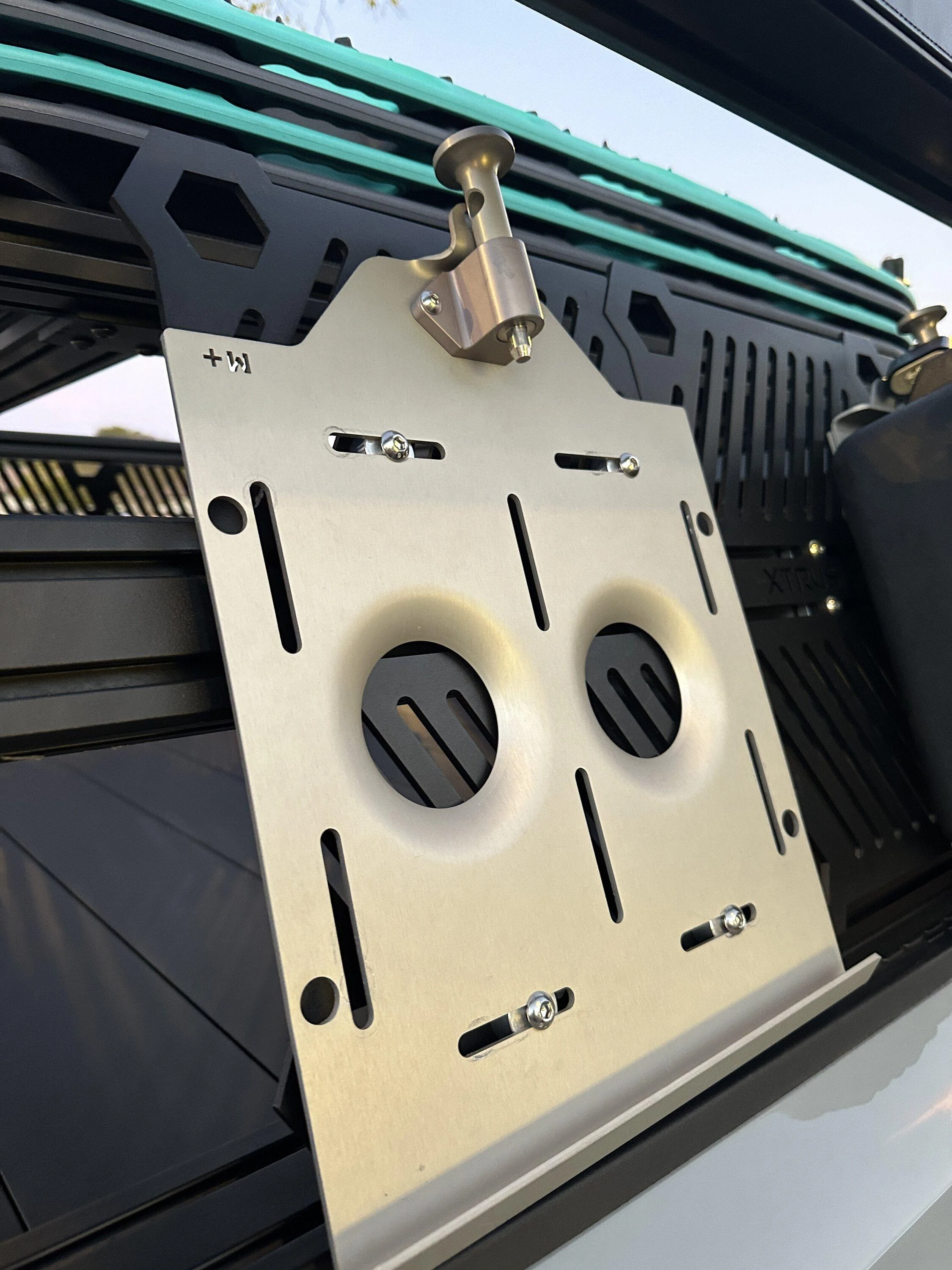 Rivian R1T R1S The Mounting Company's Pelican Boxes mounted on Xtrusion Overland Bed Rack IMG_1288