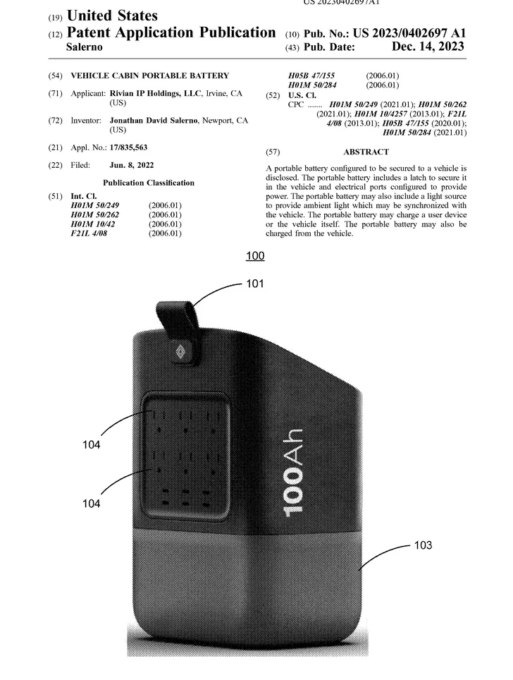 Rivian R1T R1S Rivian's 100Ah Battery Bank (Camp Speaker Replacement) Patent Screenshot 2023-12-15 at 22-35-43 Patent Public Search USPTO