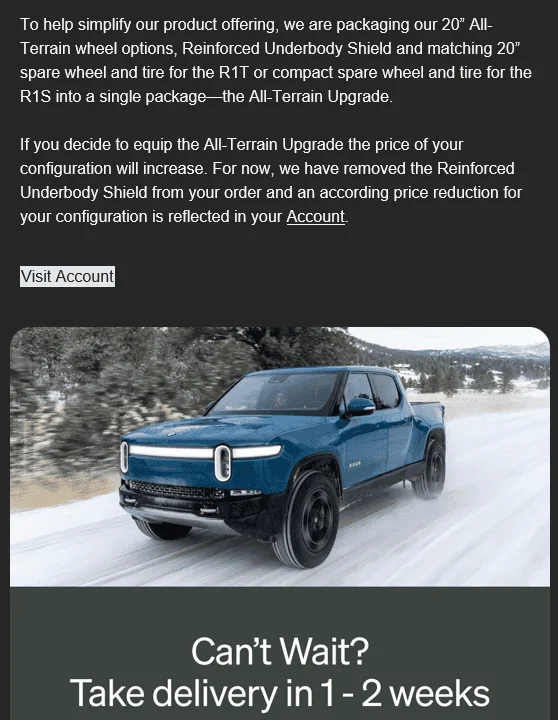 Rivian R1T R1S Reinforced Underbody Shield removed from my pre order 1703130017357