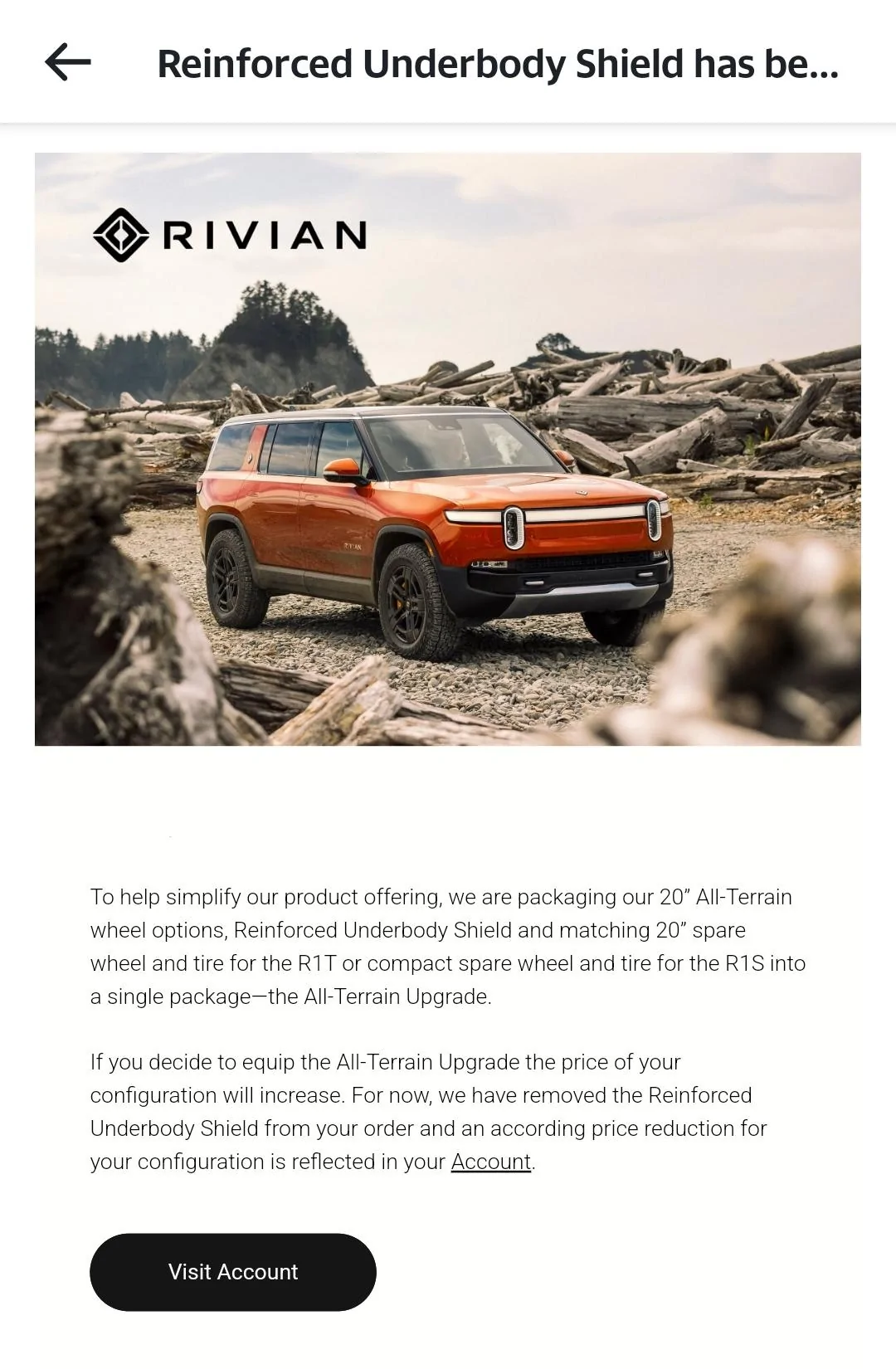 Rivian R1T R1S Reinforced Underbody Shield removed from my pre order Screenshot_20231220_190038_Yahoo Mail