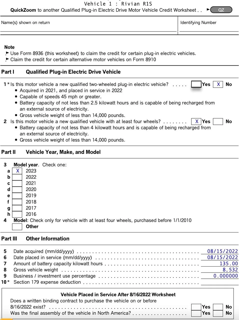 Rivian R1T R1S Turbo Tax Instructions for Ammended 22 Tax Credit Imag