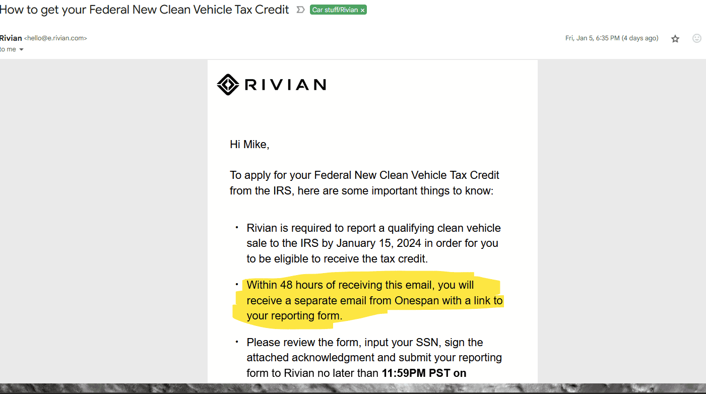 Rivian R1T R1S Rivian Tax Credit Email 1704826818852