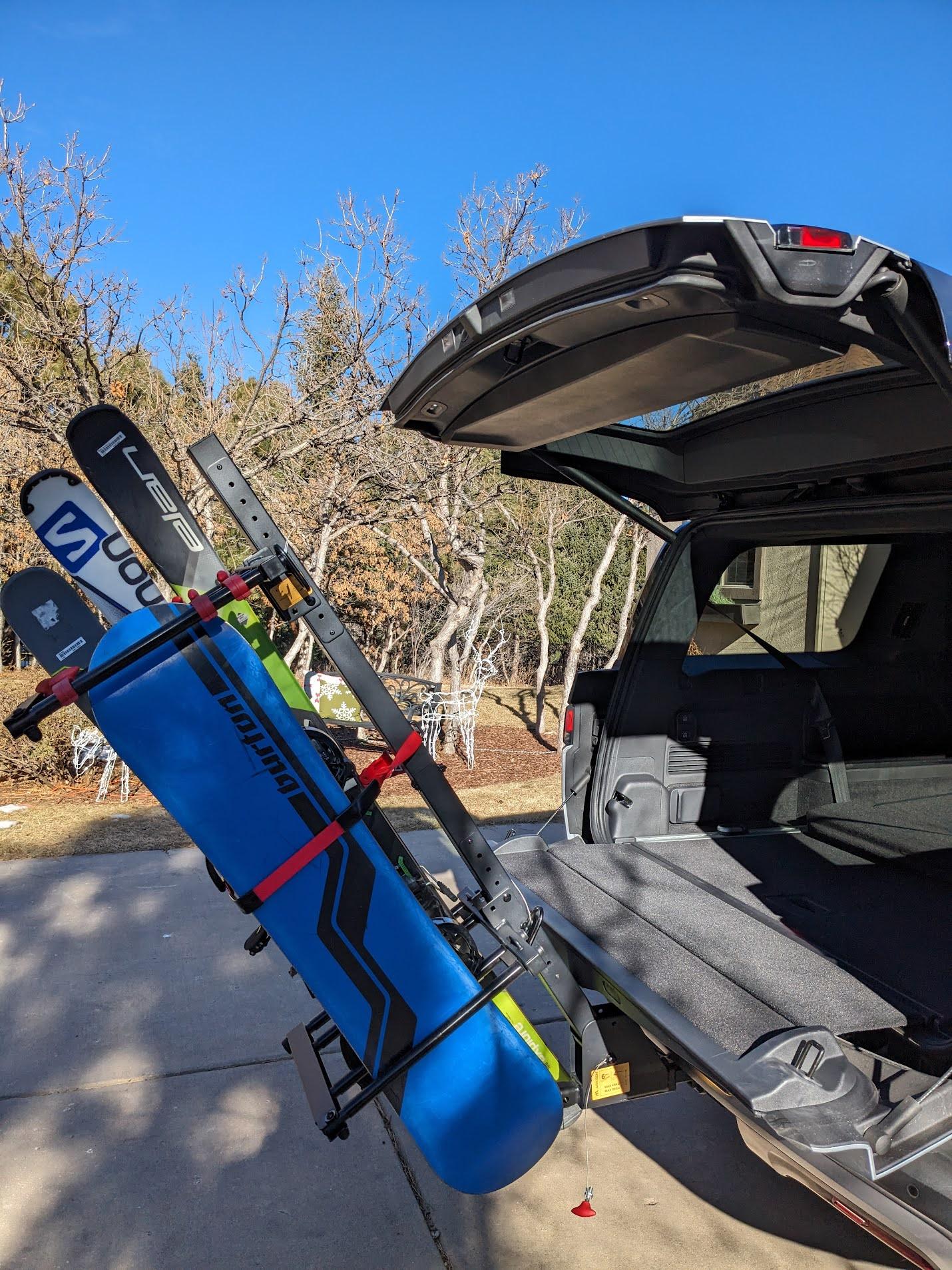 Rivian R1T R1S R1S hitch ski rack installed ski rack all open