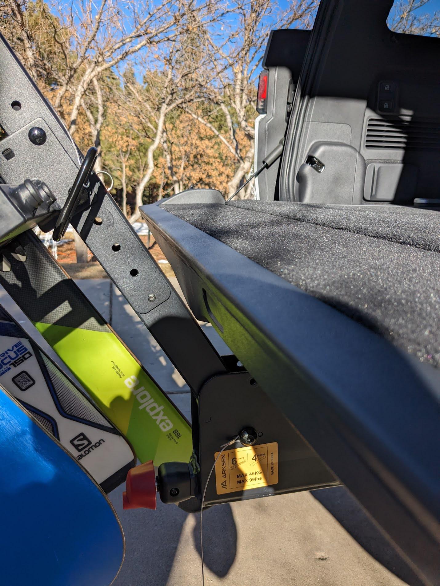 Rivian R1T R1S R1S hitch ski rack installed ski rack tail gate
