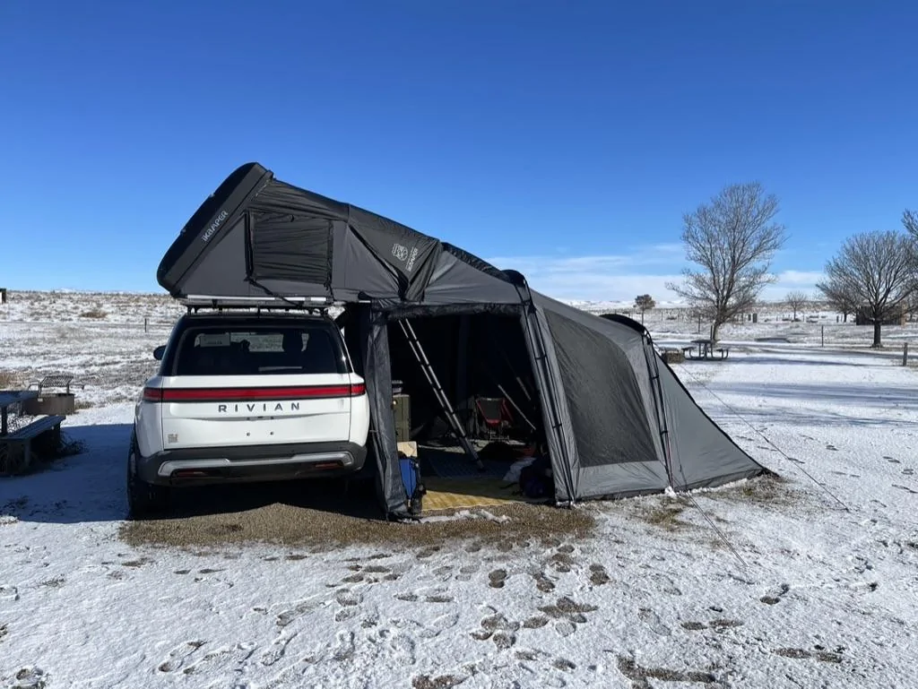 Rivian R1T R1S Yakima EXO Hitch Hauler installed for ski season Viv with Skycamp+Annex