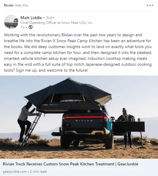 Rivian R1T R1S Post from COO of Snow Peak (Rivian Camp Kitchen) 1631898450711