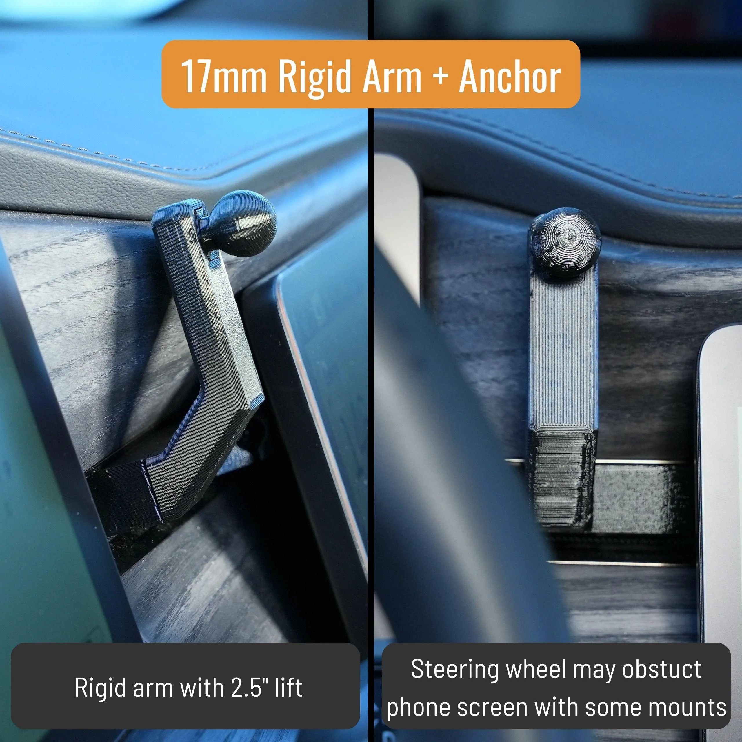 Rivian R1T R1S New Phone Mount Dash Anchor with 2.5" Riser for R1T & R1S 17mm Rigid Arm with Dash Anchor Features