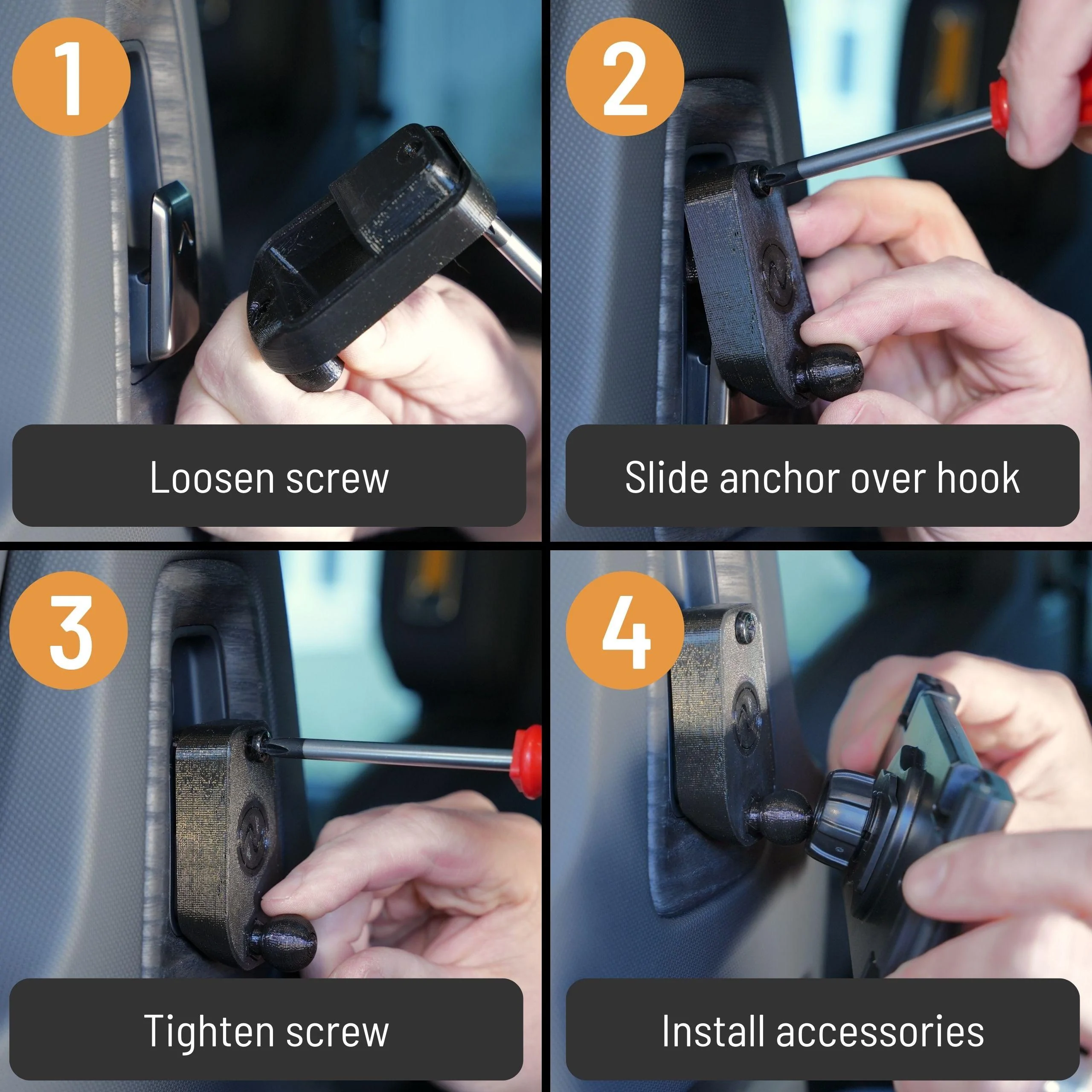 Rivian R1T R1S Tablet/Phone Mount Seat Back Anchor for Rivian R1T & R1S Seat Back Anchor Installation Instructions