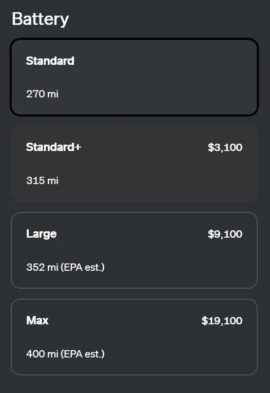 Rivian R1T R1S All 4 Rivian battery packs usable kWh capacity posted (Standard vs Standard+ vs Large vs Max) IMG_7722