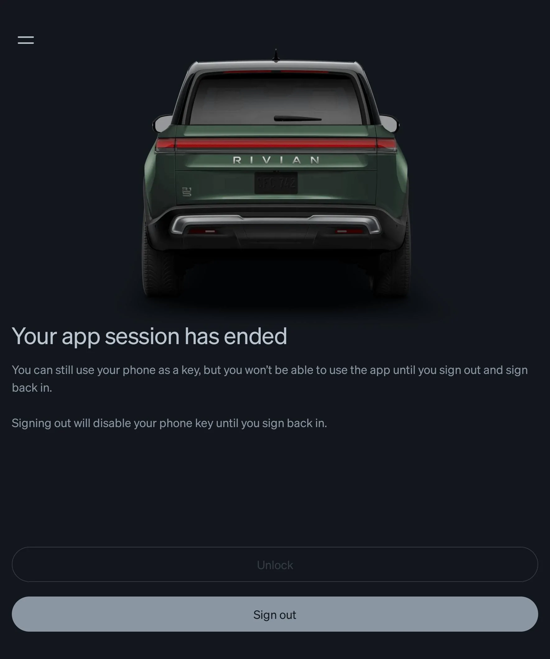 Rivian R1T R1S Be careful. App may sign out. Screenshot_20240209_225758_Rivian