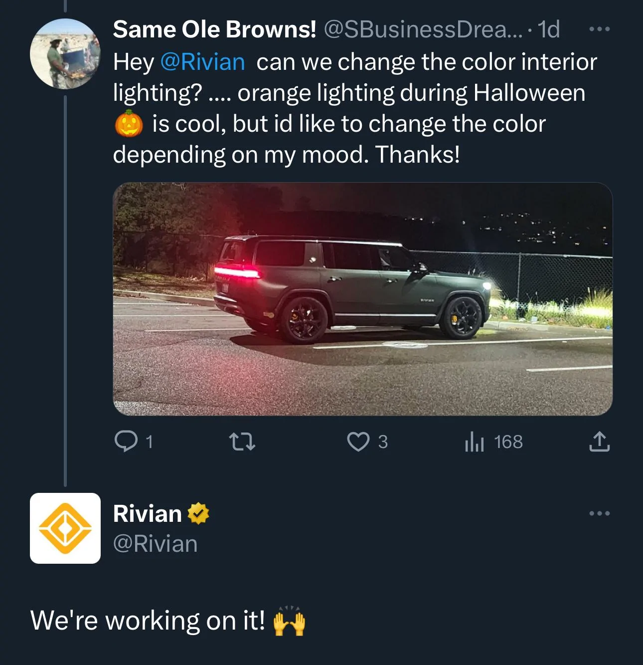 Rivian R1T R1S Rivian confirms working on interior LED color changing control (via Tweet) IMG_8362
