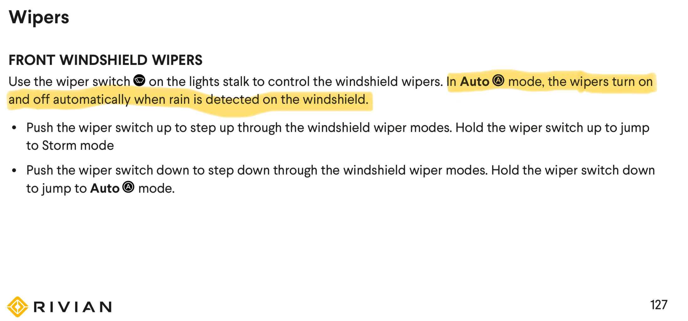 Rivian R1T R1S Wipers come on when switching to drive 1708365317722