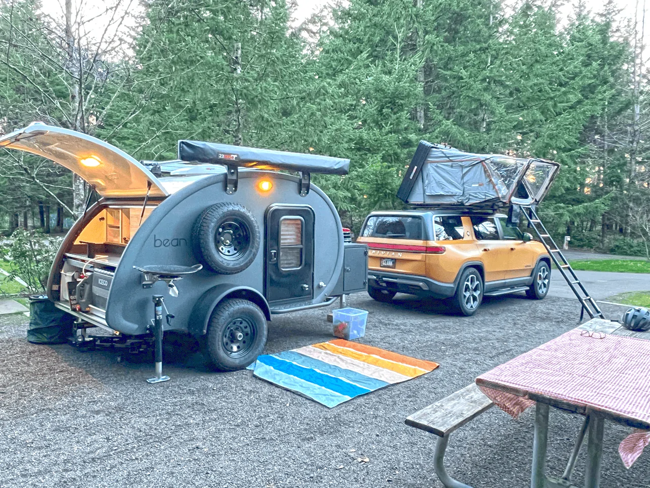 Rivian R1T R1S Towing a Teardrop Trailer with an R1S Quad (+ roof top tent RTT) -- Efficiency Log IMG_2485 Larg