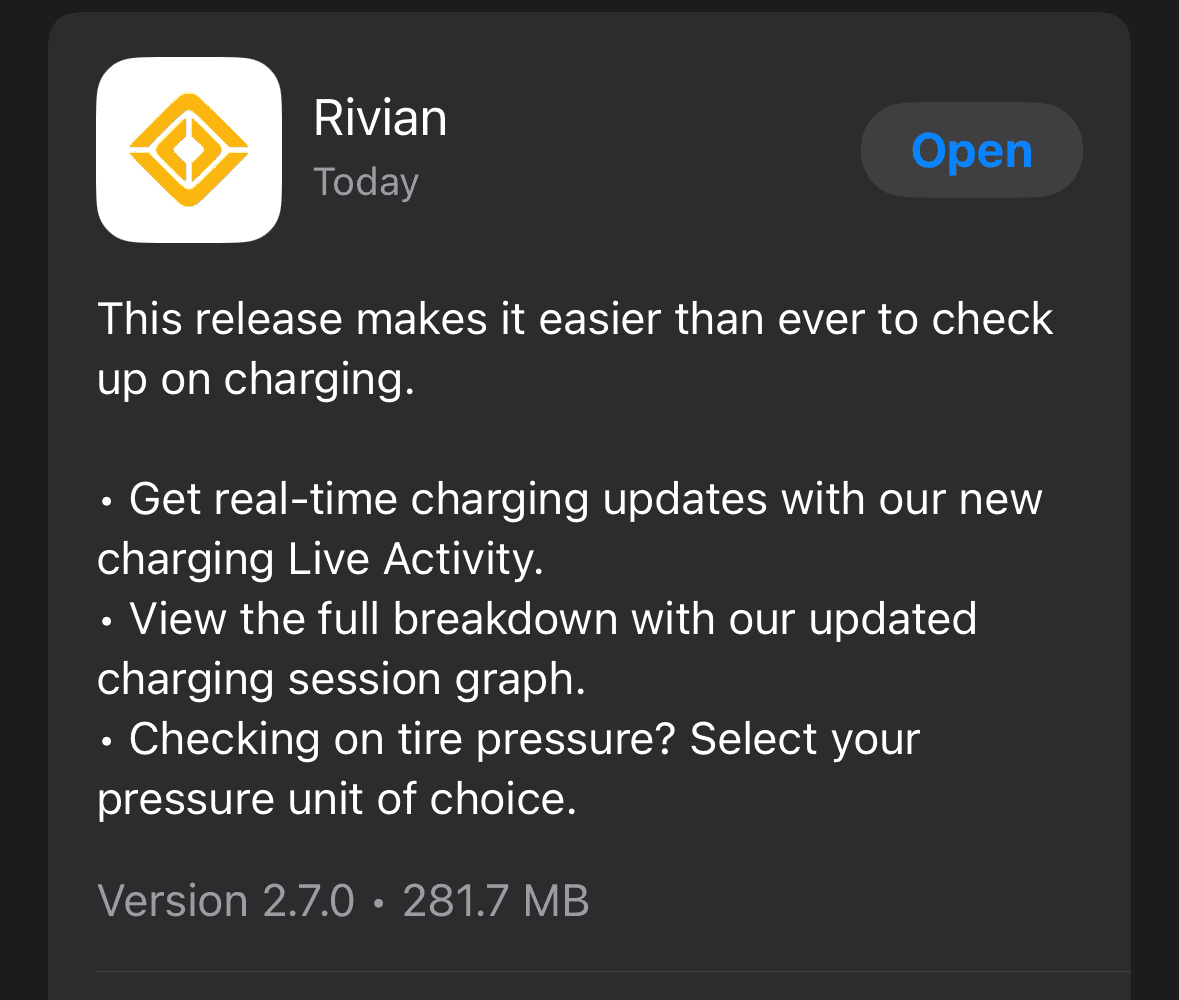 Rivian R1T R1S App 2.7.0 released 1709118847326