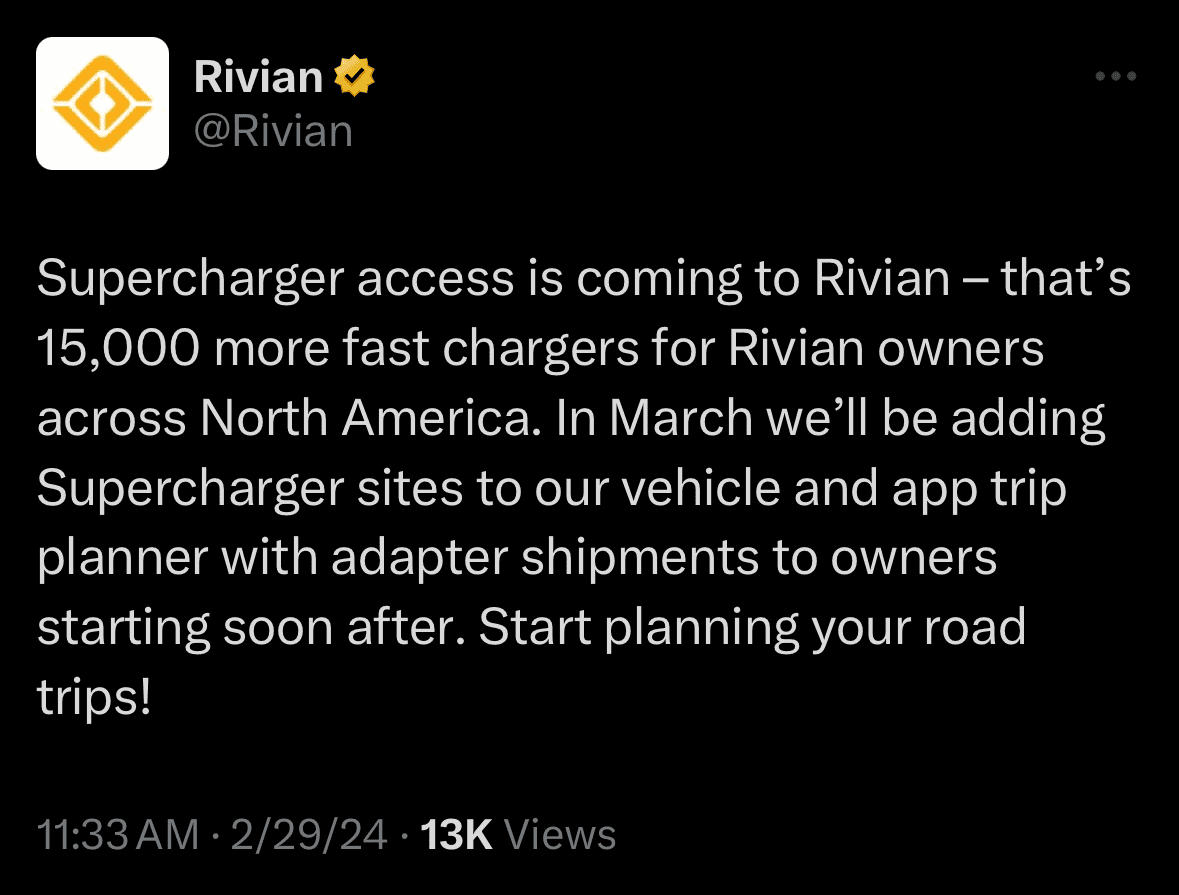 Rivian R1T R1S ⚡️ Rivian announces: March Tesla Supercharger access & free NACS adapters! 1709236283413