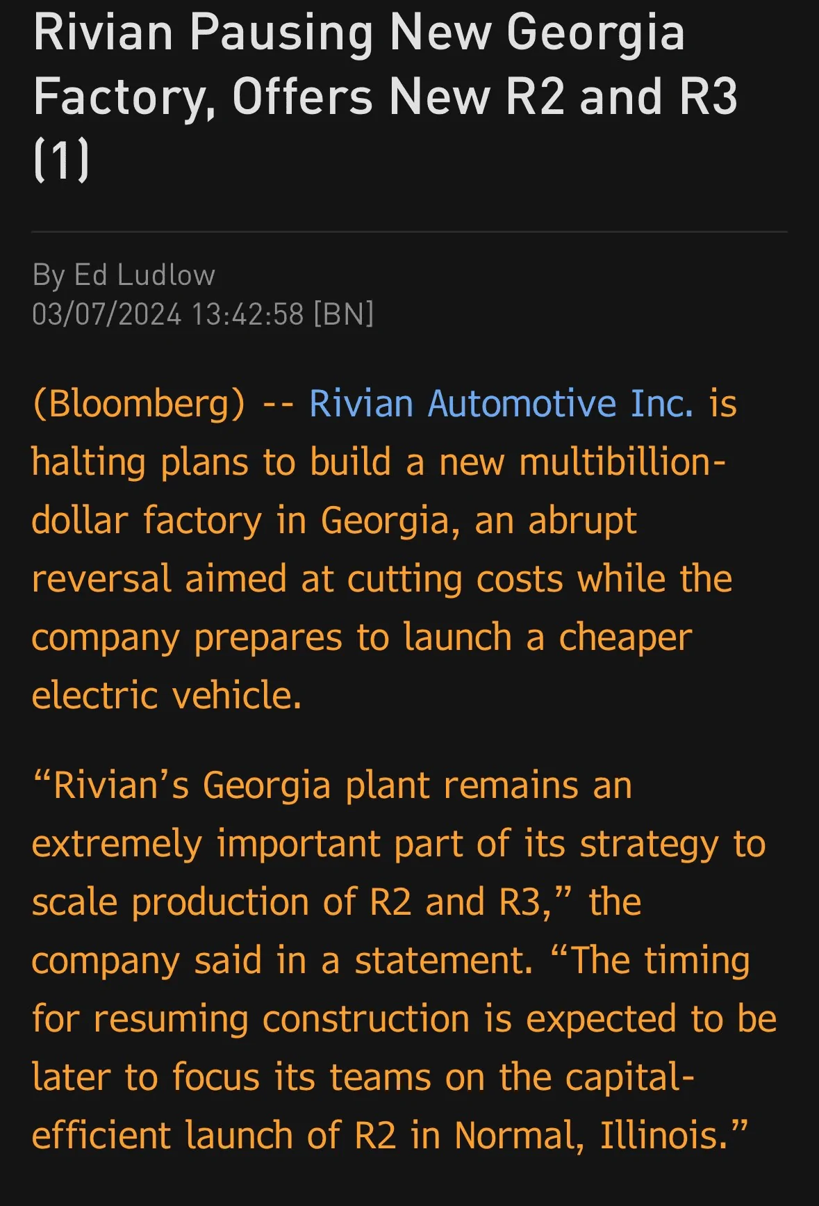 Rivian R1T R1S Rivian Pausing Georgia Plant 1709837149315