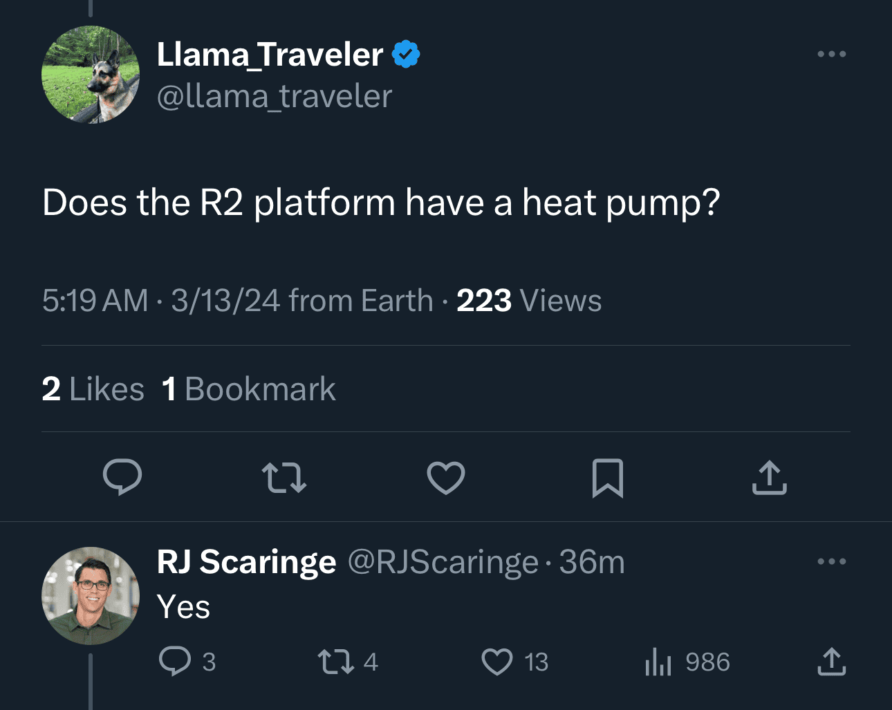 Rivian R1T R1S R2 / R3 has heat pump (confirmed by RJ) 1710352342218-8m