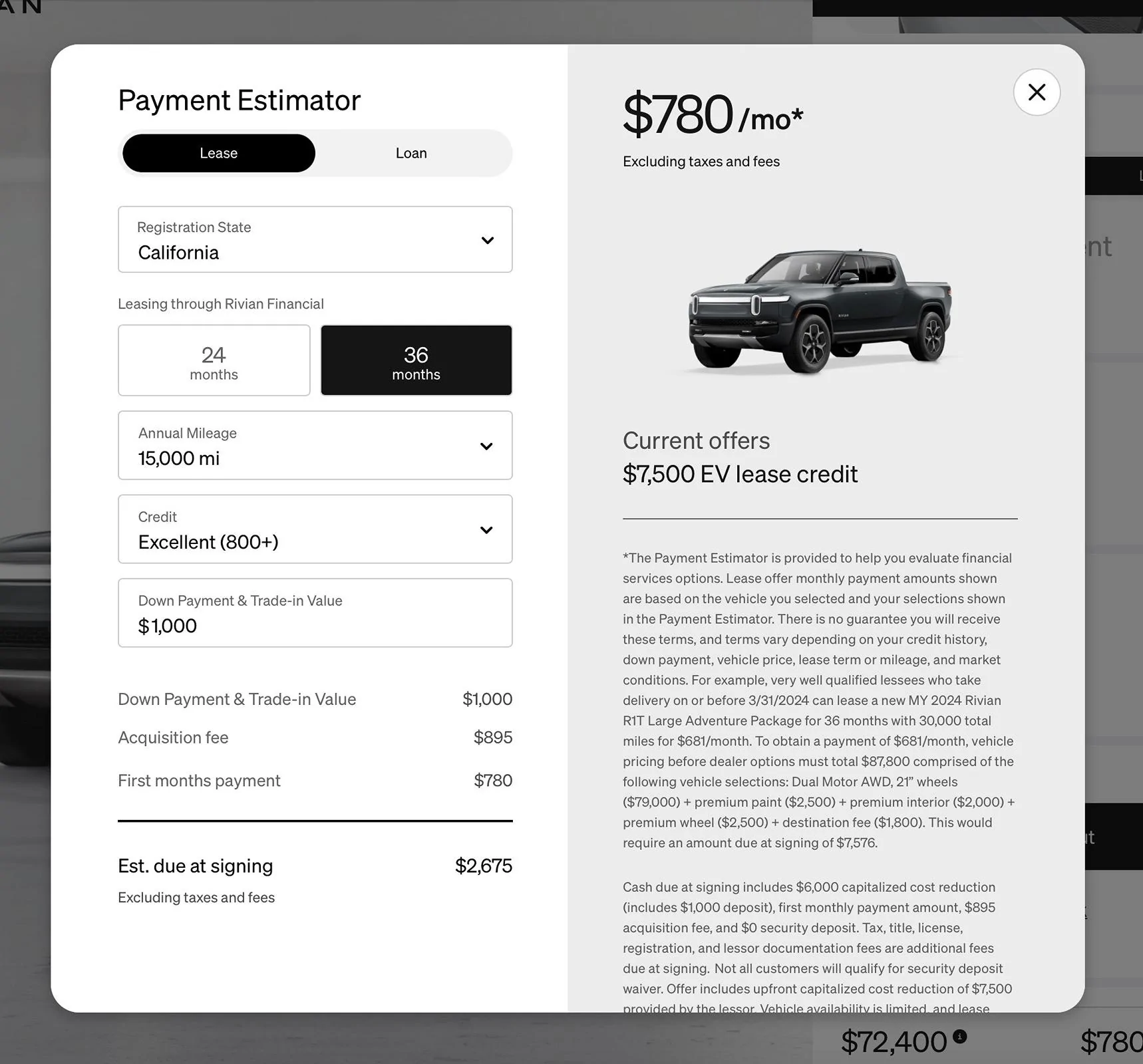 Rivian R1T R1S Lease Payment Calculator Accuracy Screenshot 2024-03-15 at 9.21.19 PM
