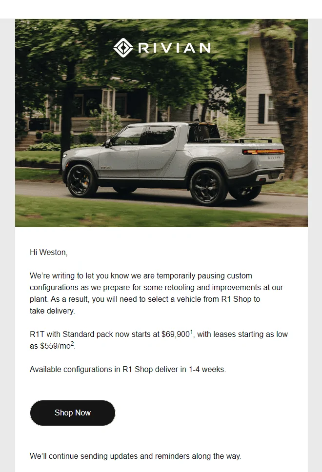 Rivian R1T R1S Rivian temporarily pausing R1 configurator due to production line shutdown Screenshot_8