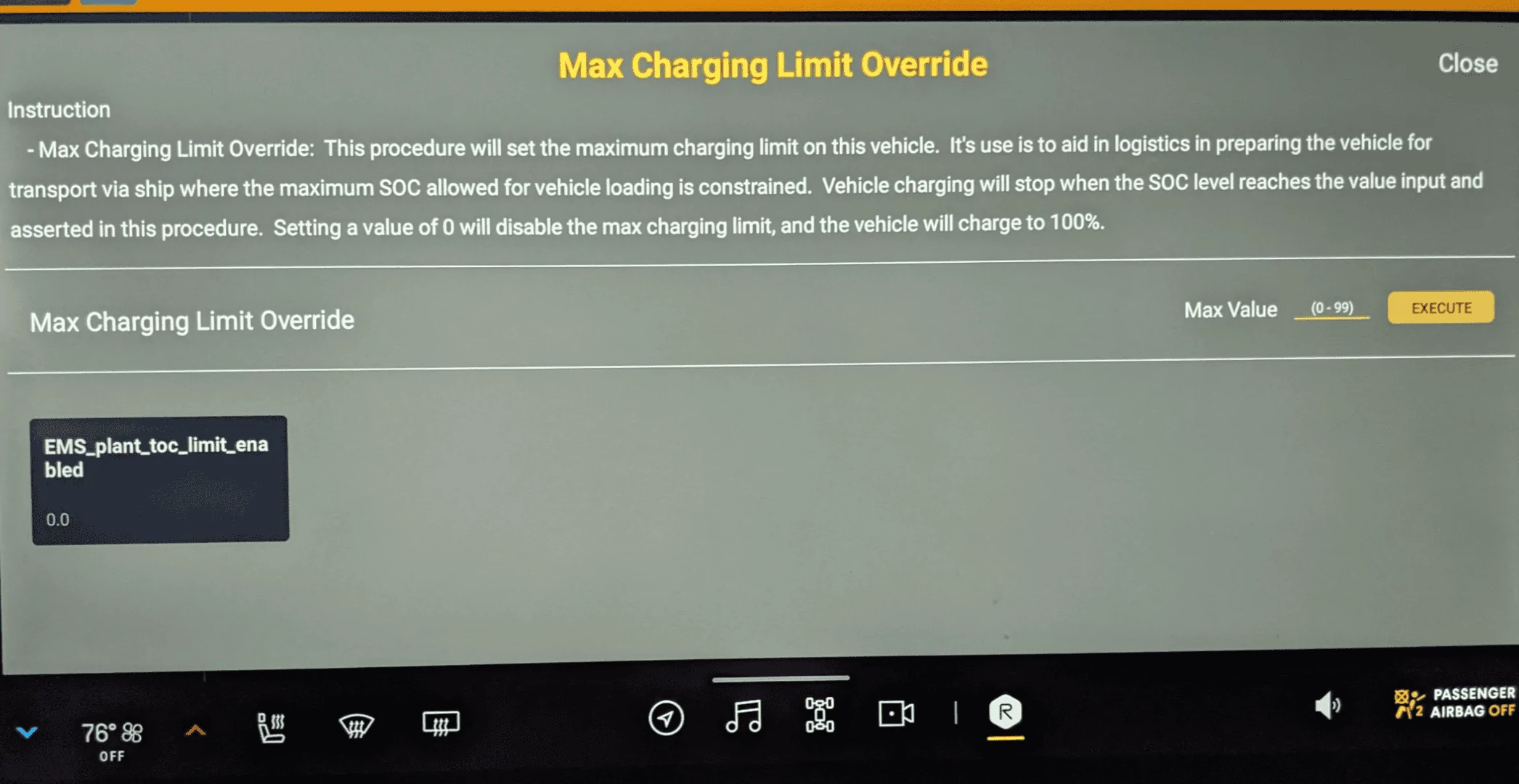 Rivian R1T R1S Max Charging Limit Override option in service menu 1000009315