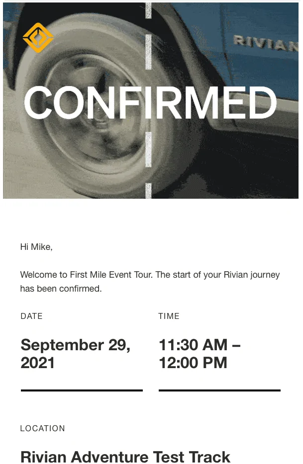 Rivian R1T R1S Rivian First Mile R1T Preview appointment confirmation Screen Shot 2021-09-10 at 5.55.30 PM
