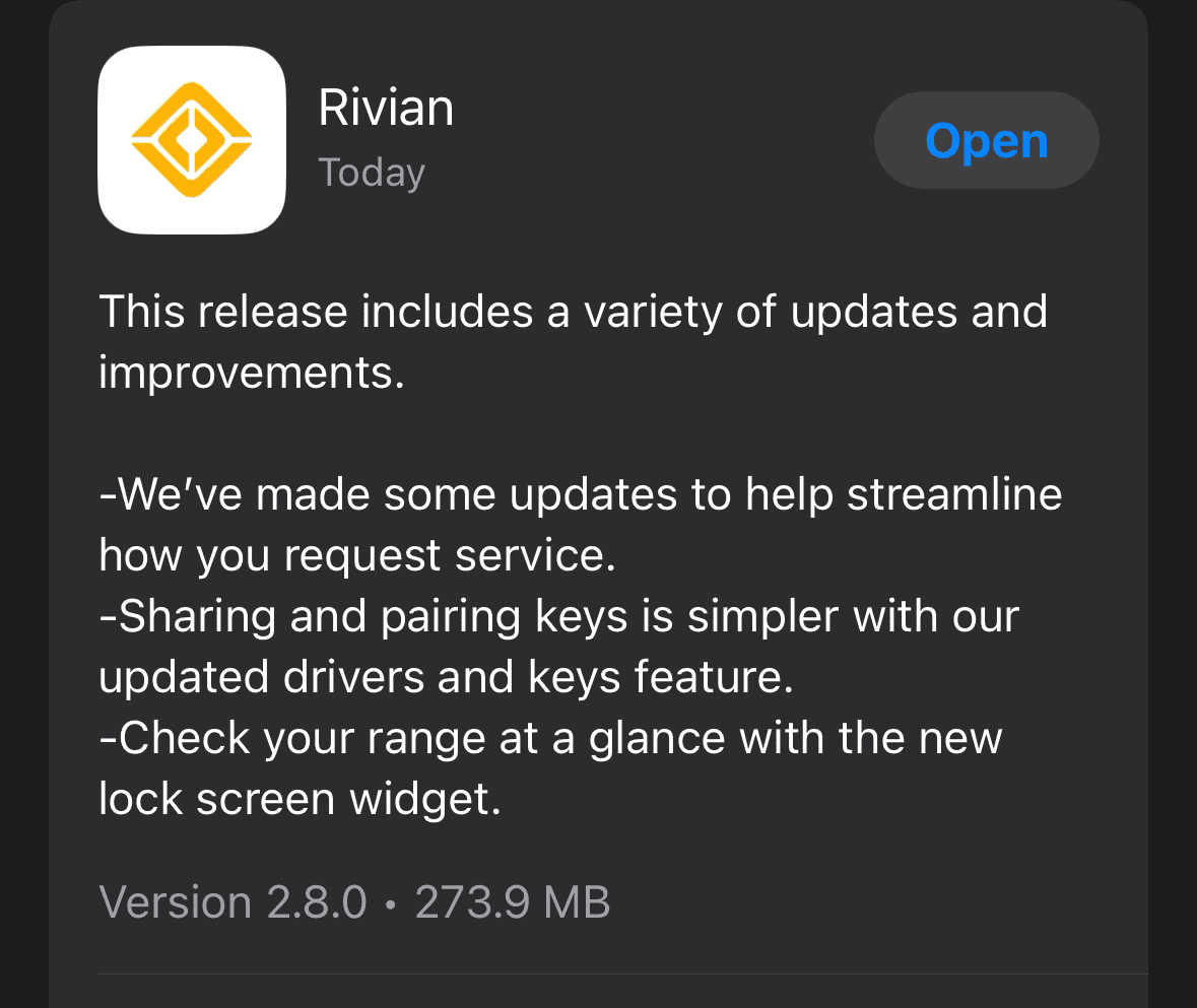 Rivian R1T R1S Rivian App 2.8.0 available --  lock screen widget & more 1712174599996-n9