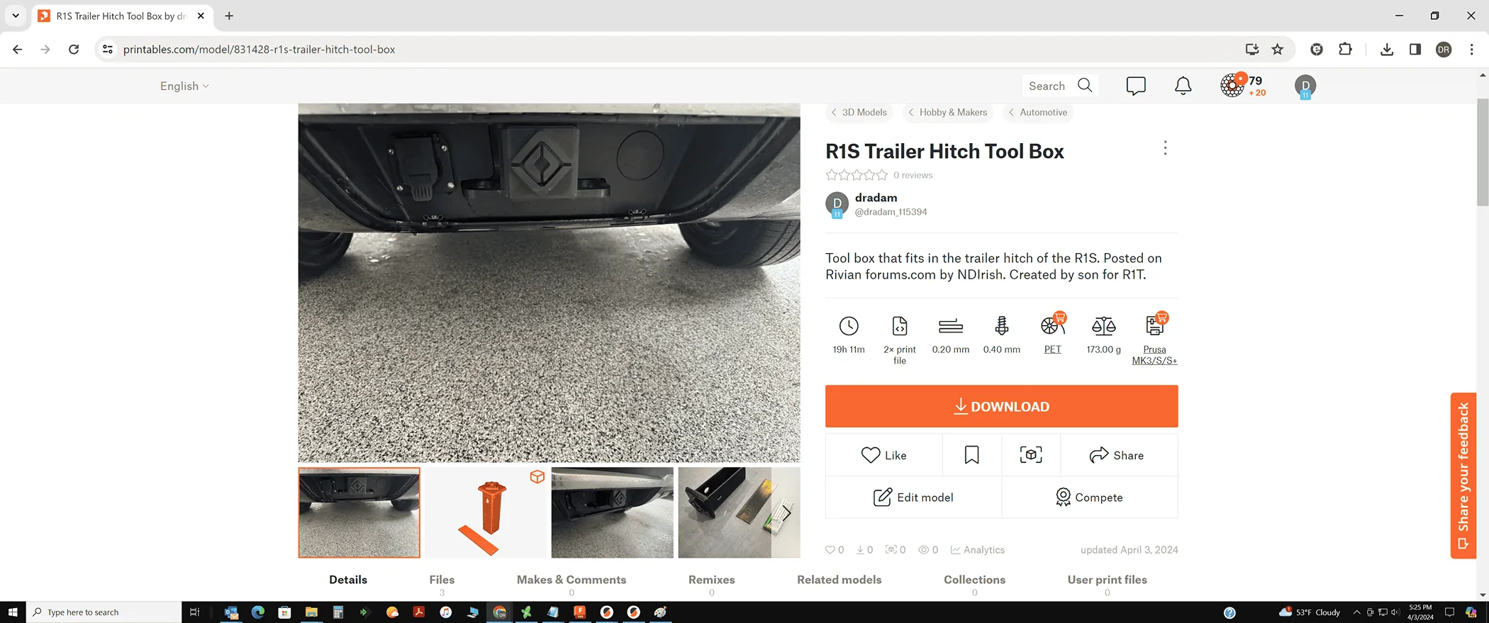 Rivian R1T R1S 3D Printed Hitch Receiver Box for tools / storage [STL files] + larger version update! 1712179696471-1g
