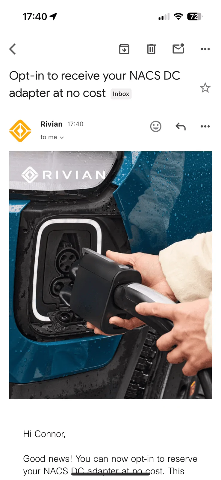 Rivian R1T R1S Rivian NACS adapter emails are rolling out! IMG_1509