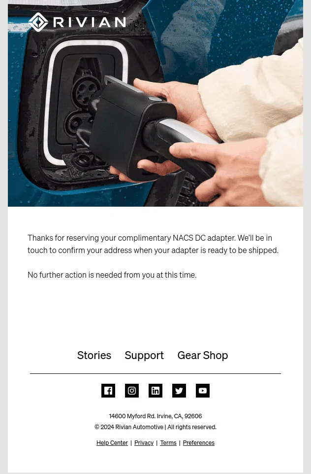 Rivian R1T R1S NACS adapter email from Rivian... 1712267248291-xf