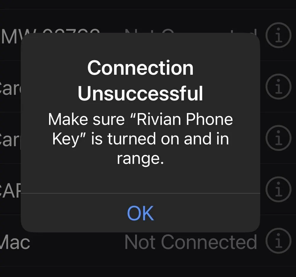 Rivian R1T R1S "Bluetooth key access unavailable" error after failed vehicle update. Anyone else? IMG_2817