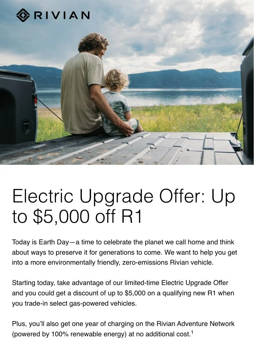 Rivian R1T R1S Electric Upgrade Offer: get up to $5,000 off R1 purchase when trading in gas-powered vehicle Screenshot 2024-04-22 at 3.20.07 PM