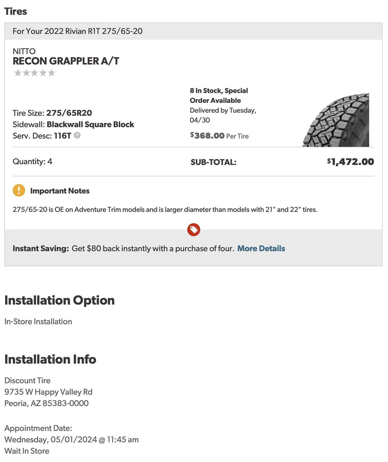 Rivian R1T R1S 20" Nitto Recon Grappler AT tires 25% more efficient than Pirelli OEM AT! The holy grail! CleanShot 2024-04-28 at 11.03.45@2x