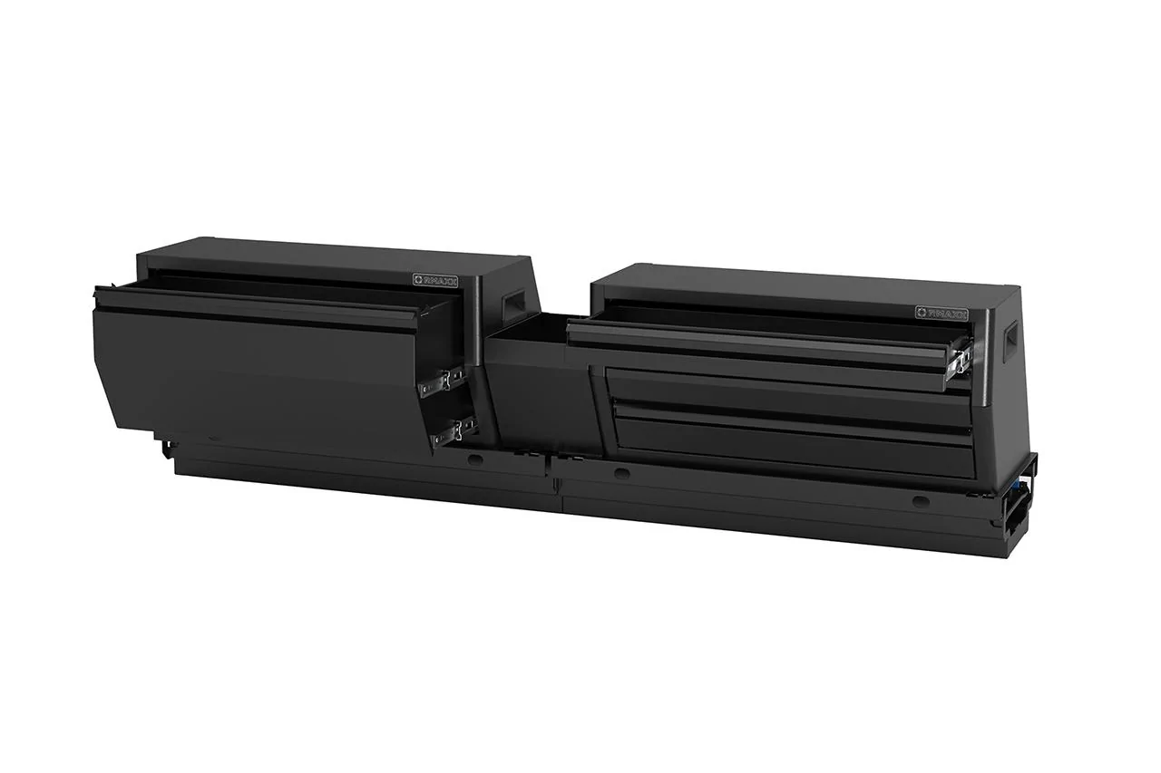 Rivian R1T R1S The Ultimate Rivian R1T RMAXX Gear Tunnel Slide-Out Modular Storage Management Sled System has Launched - EVSportline.com Rivian-R1T-Gear-Tunnel-Sled-Storage-Bins-4