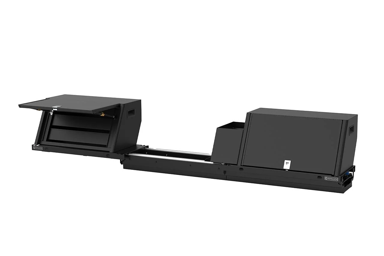 Rivian R1T R1S The Ultimate Rivian R1T RMAXX Gear Tunnel Slide-Out Modular Storage Management Sled System has Launched - EVSportline.com Rivian-R1T-Gear-Tunnel-Sled-Storage-Bins-26