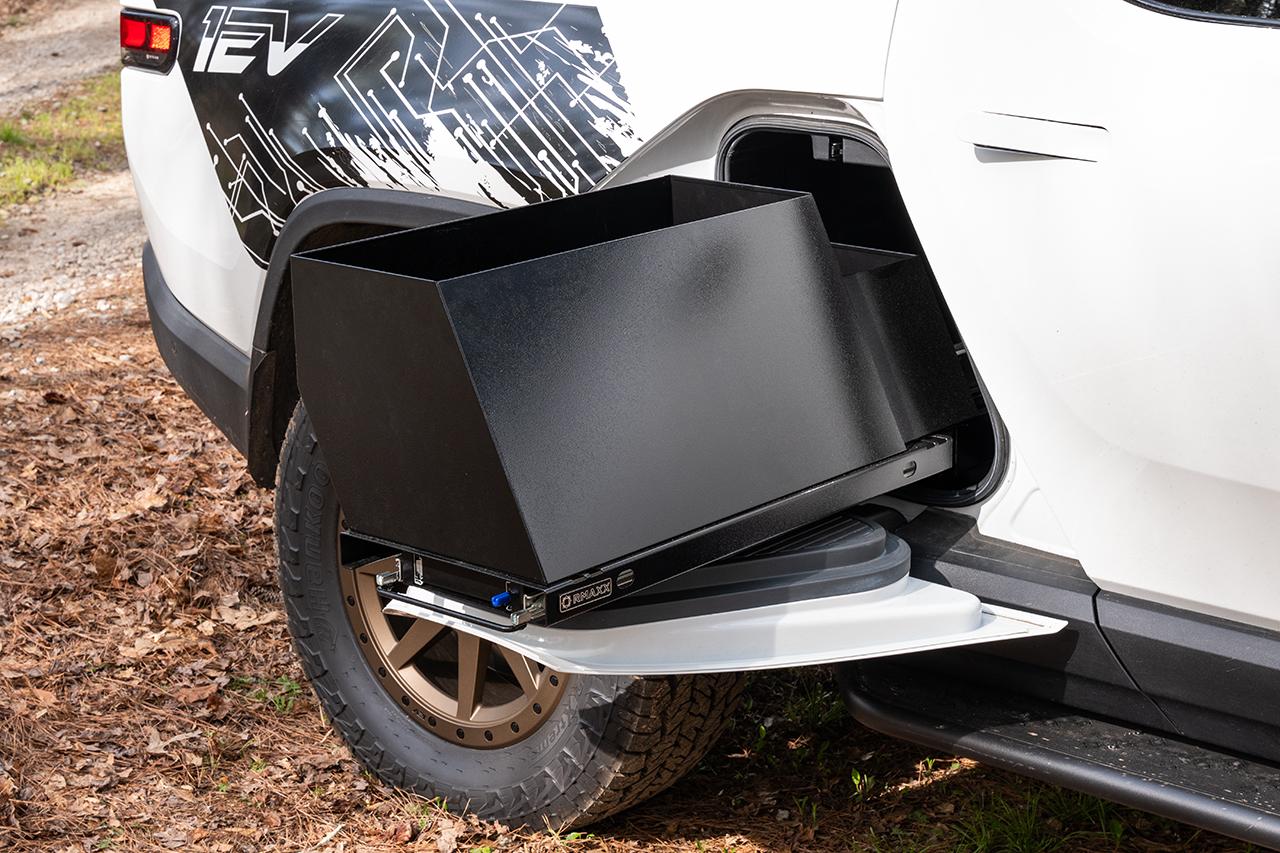 Rivian R1T R1S The Ultimate Rivian R1T RMAXX Gear Tunnel Slide-Out Modular Storage Management Sled System has Launched - EVSportline.com Rivian-R1T-Gear-Tunnel-Sled-Storage-Bins-27