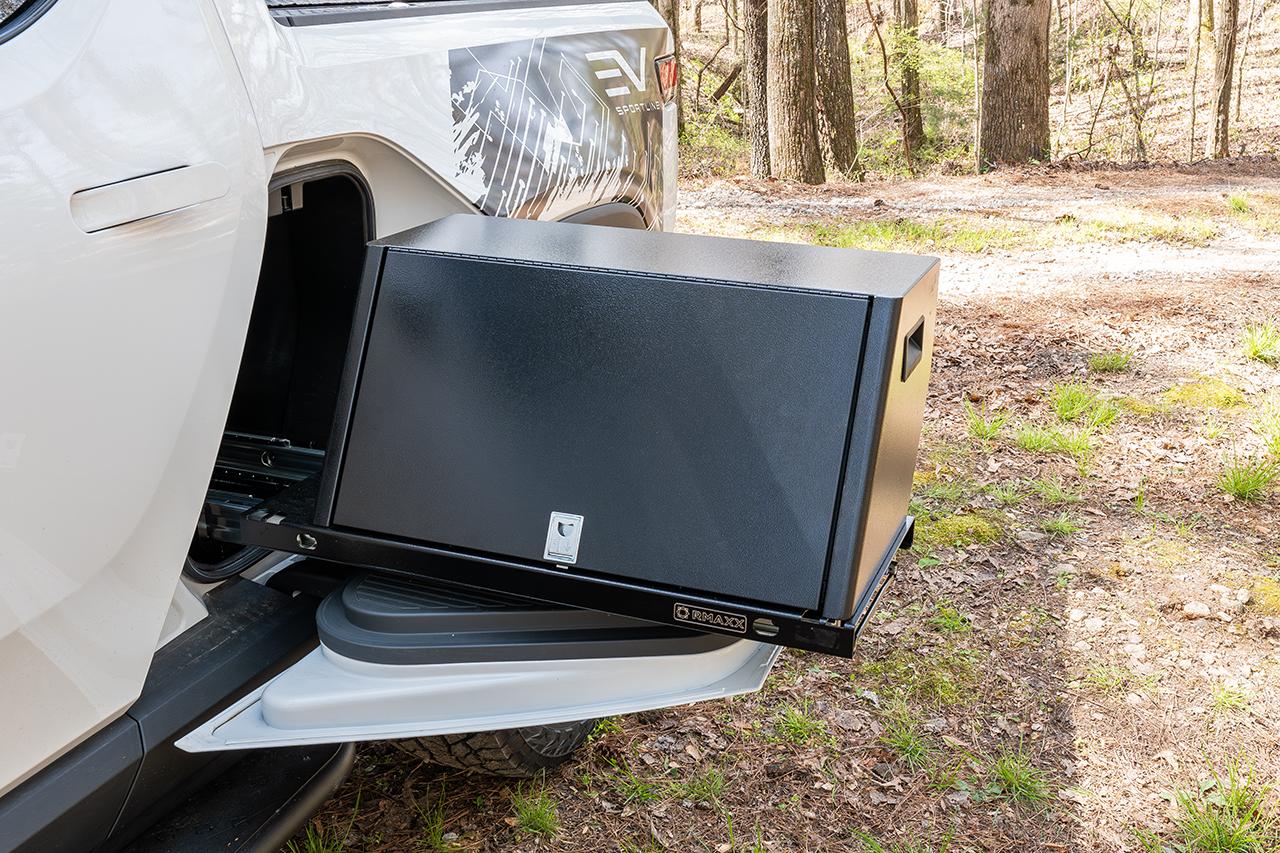 Rivian R1T R1S The Ultimate Rivian R1T RMAXX Gear Tunnel Slide-Out Modular Storage Management Sled System has Launched - EVSportline.com Rivian-R1T-Gear-Tunnel-Sled-Storage-Bins-38
