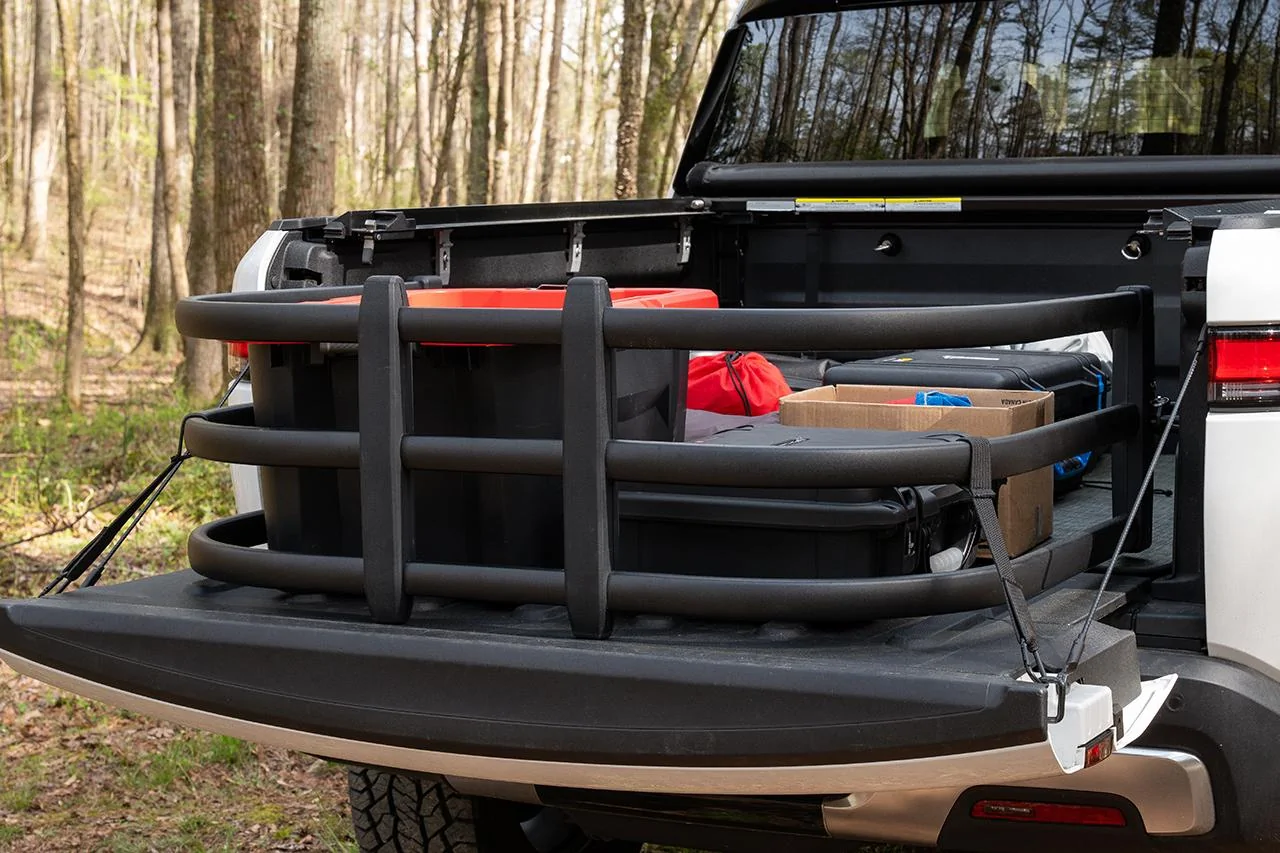 Rivian R1T R1S New "Bolt-in" Flip-out Bed Extender for Rivian R1T -- NO Drilling, NO Screws into bedliner...pure BOLT ON! EV Sportline Rivian-R1T-Cargo-Rack-Bed-Extender-1