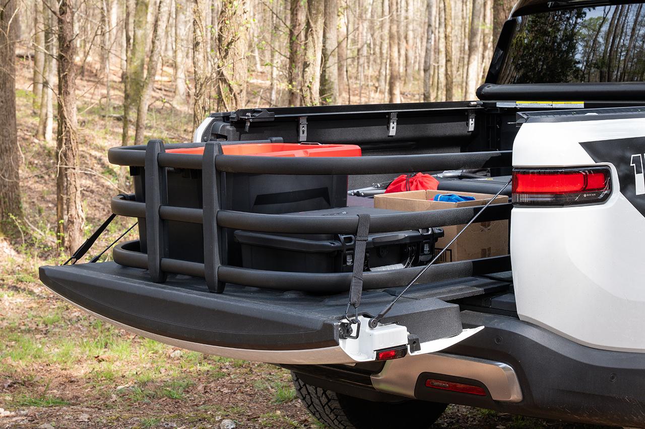 Rivian R1T R1S New "Bolt-in" Flip-out Bed Extender for Rivian R1T -- NO Drilling, NO Screws into bedliner...pure BOLT ON! EV Sportline Rivian-R1T-Cargo-Rack-Bed-Extender-2