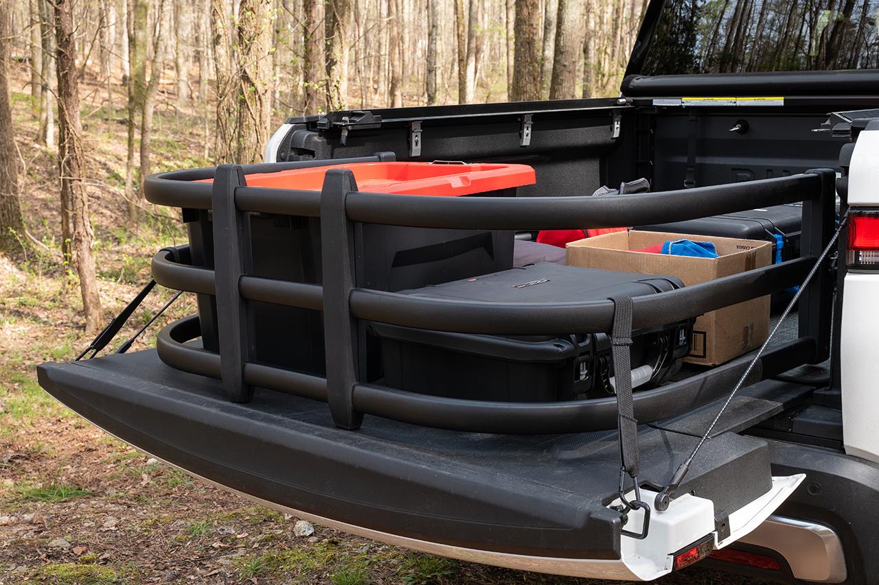 Rivian R1T R1S New "Bolt-in" Flip-out Bed Extender for Rivian R1T -- NO Drilling, NO Screws into bedliner...pure BOLT ON! EV Sportline Rivian-R1T-Cargo-Rack-Bed-Extender-4