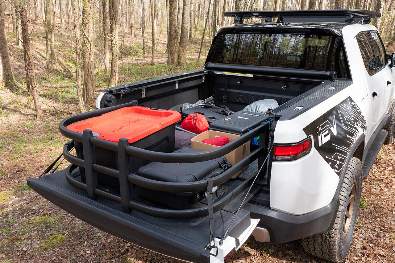 Rivian R1T R1S New "Bolt-in" Flip-out Bed Extender for Rivian R1T -- NO Drilling, NO Screws into bedliner...pure BOLT ON! EV Sportline Rivian-R1T-Cargo-Rack-Bed-Extender-5