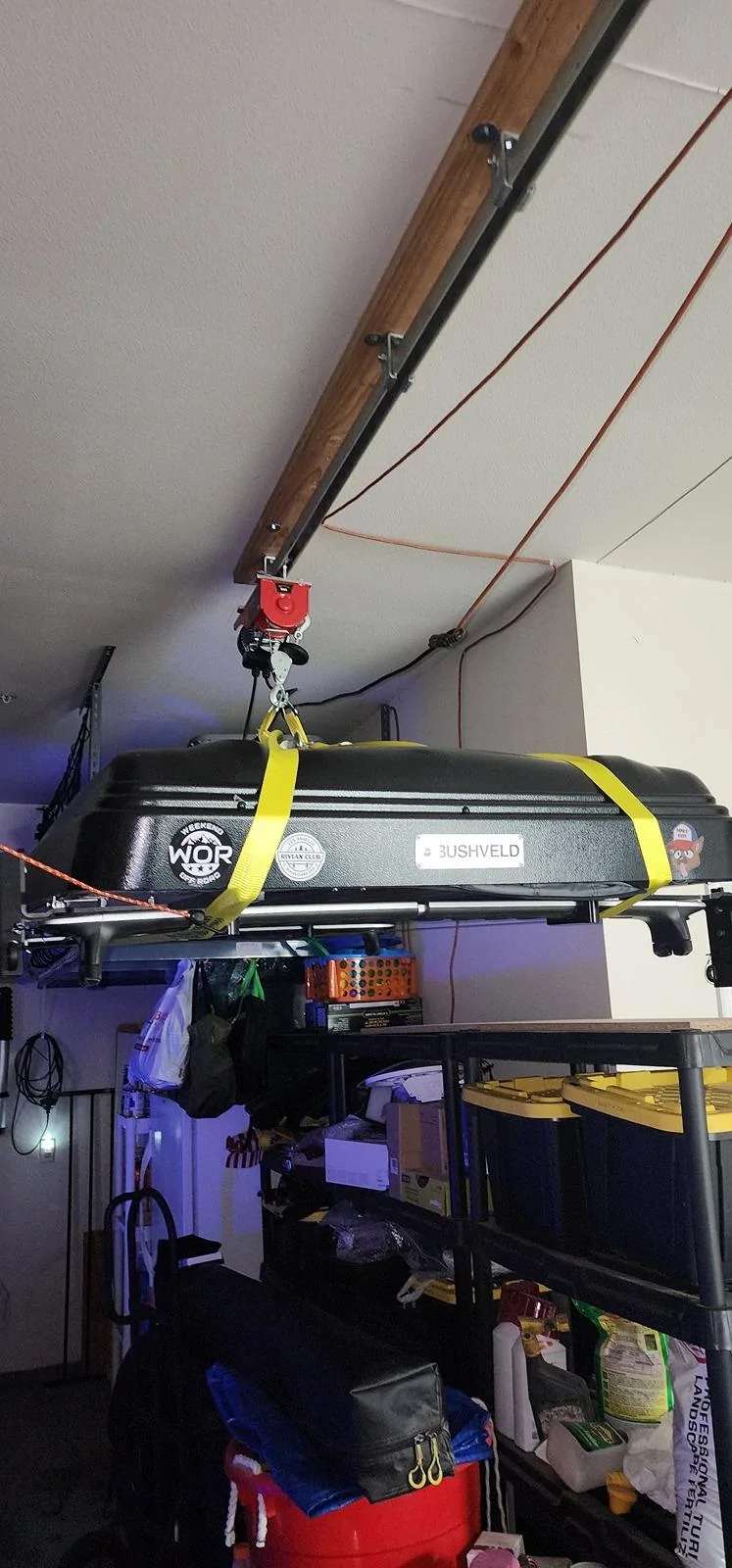 Rivian R1T R1S Storing your roof top tent RTT with garage ceiling hoist 20240605_201014