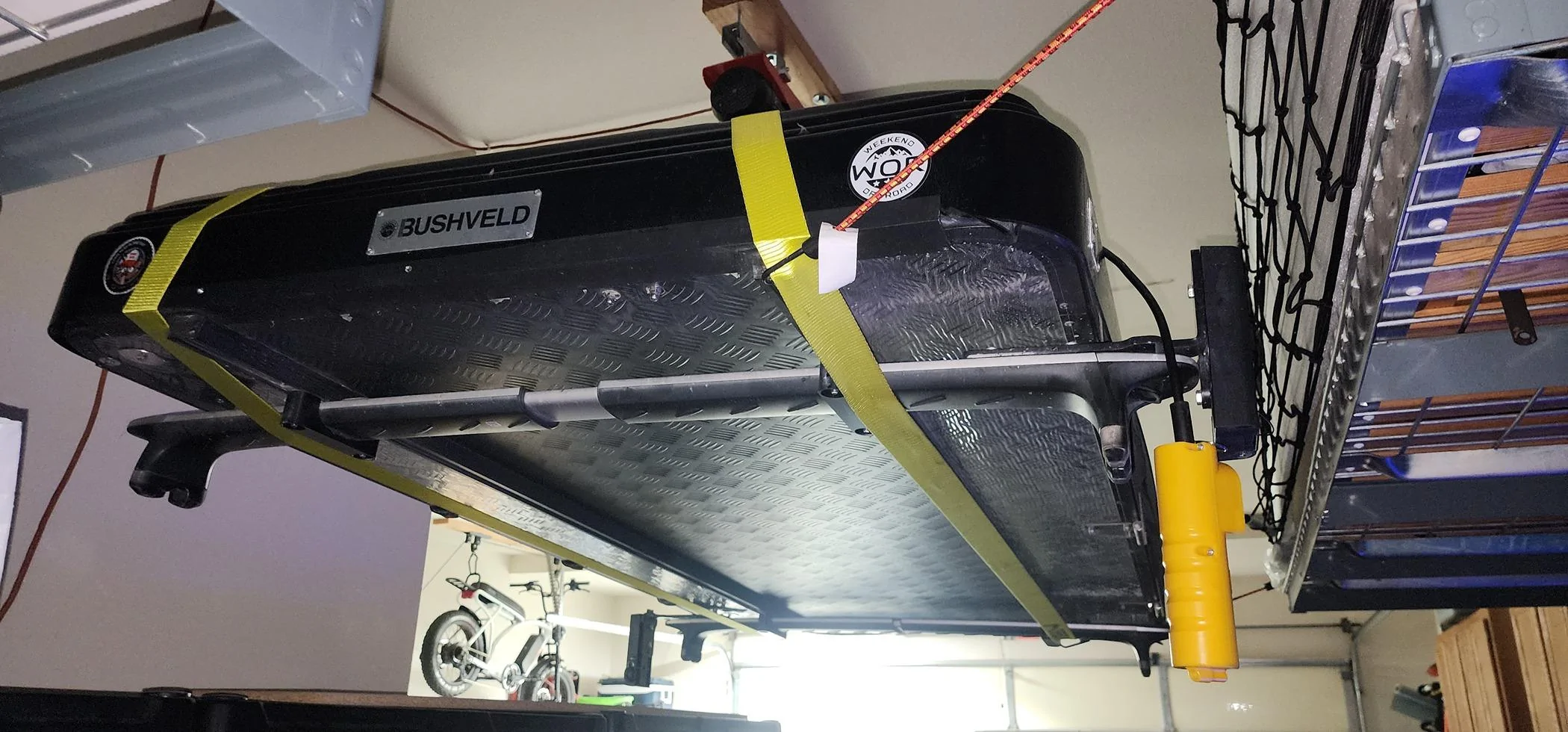Rivian R1T R1S Storing your roof top tent RTT with garage ceiling hoist 20240605_201114