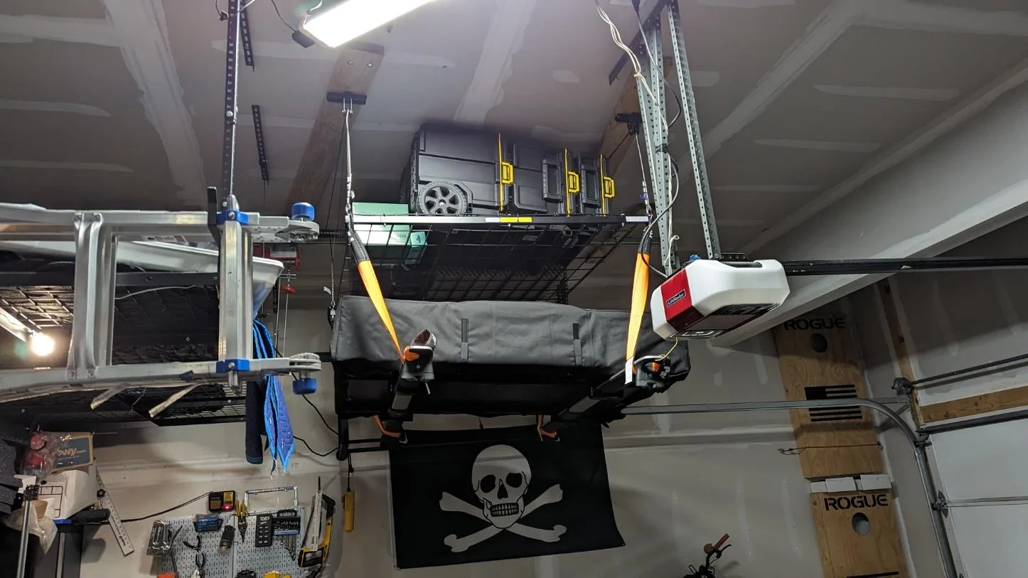 Rivian R1T R1S Storing your roof top tent RTT with garage ceiling hoist 1717686469531-c