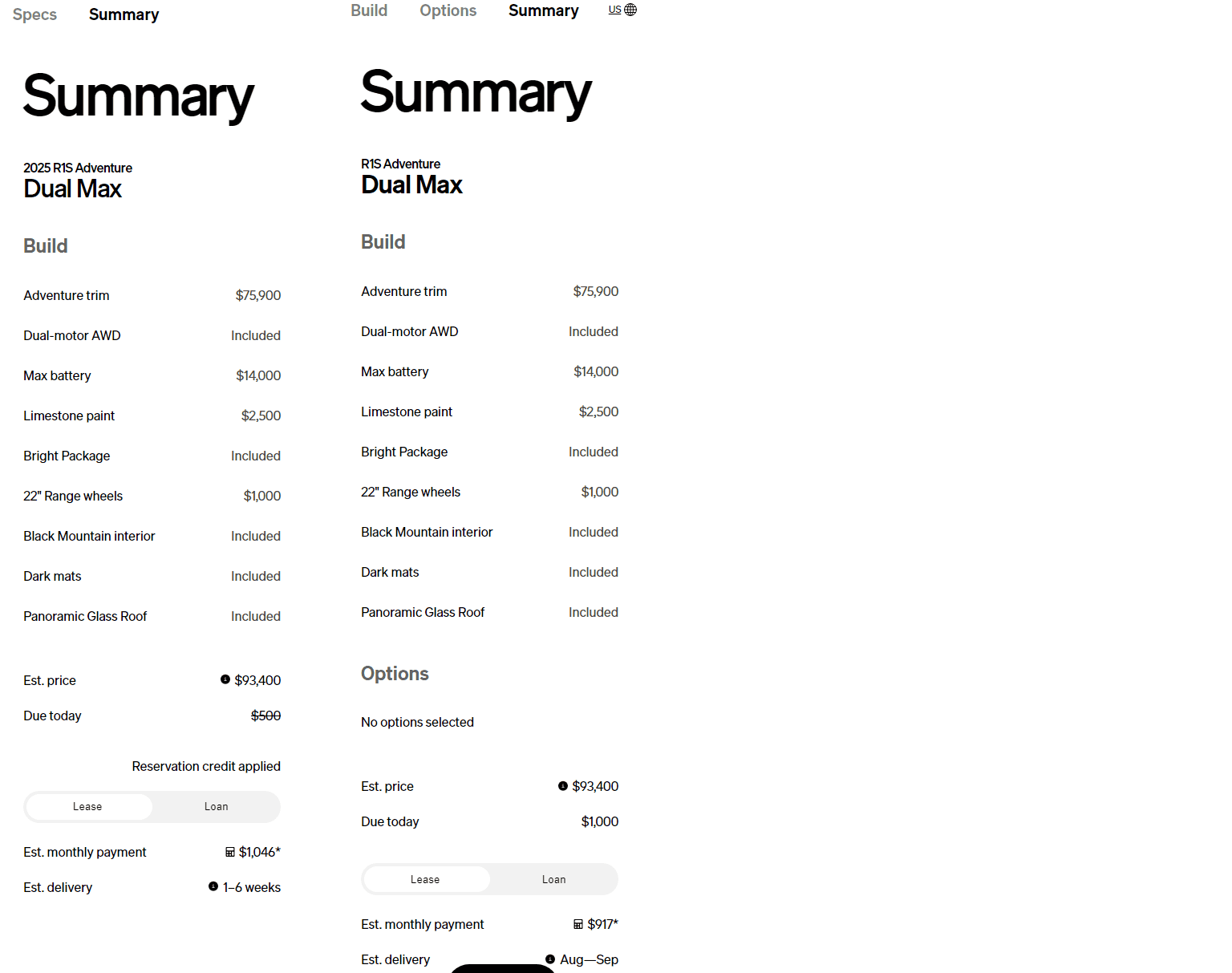 Rivian R1T R1S Shop lease estimate different than building the same config lease