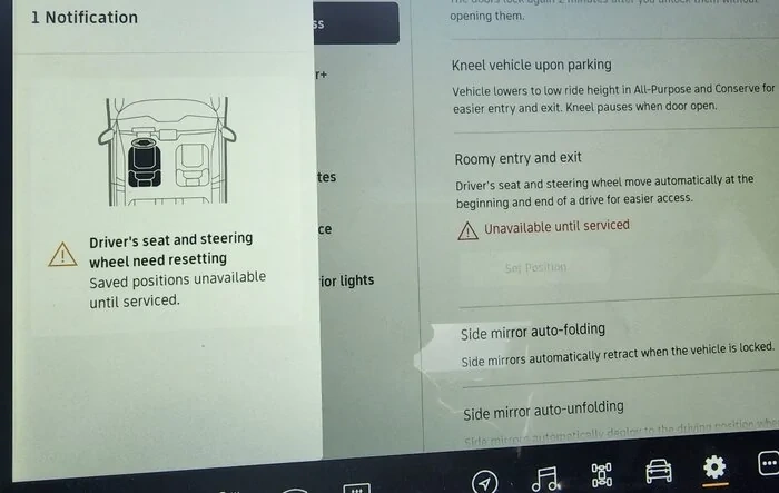Can't save seat positions after 2022.43.02 Software -- "Driver's seat and seating wheel need resetting. Saved positions unavailable until serviced."
