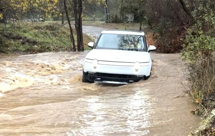 Creek deep water crossing in R1T after rains